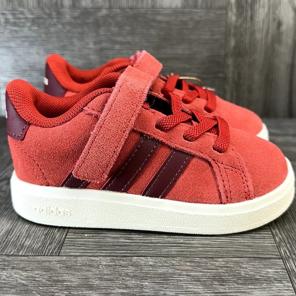 Adidas Grand Court 00s EL Kids 6K Red Suede Hook Loop Sneakers NEW JR0777